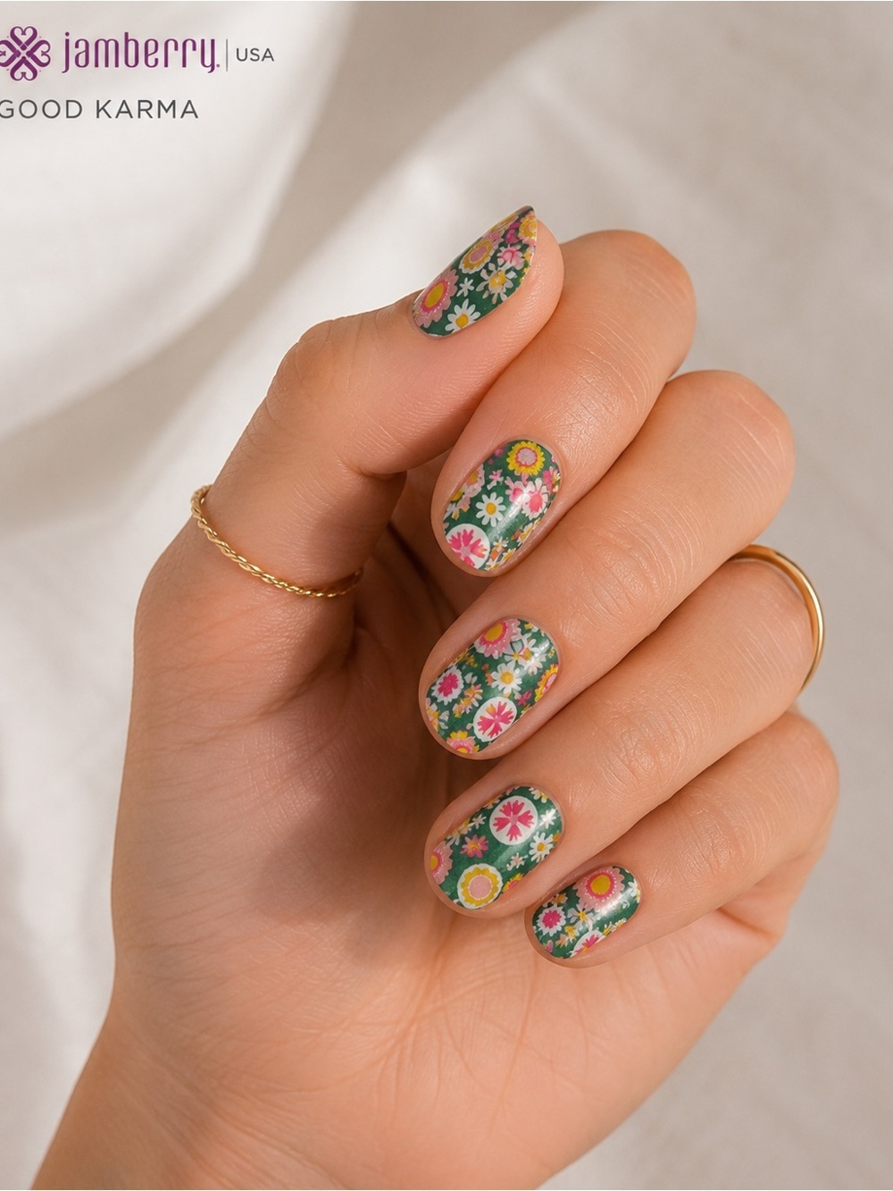 Jamberry Good Karma Floral Nail Wraps — Green Base with Pink & Yellow Blooms